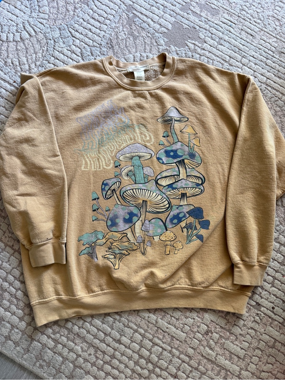 Urban Outfitters Mustard/Tam Crewneck with Mushroom Art